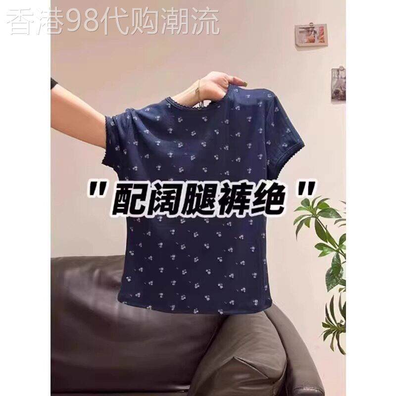 藏青色碎花短袖t恤女夏季2026新款薄设计感气质减龄正肩圆领上衣