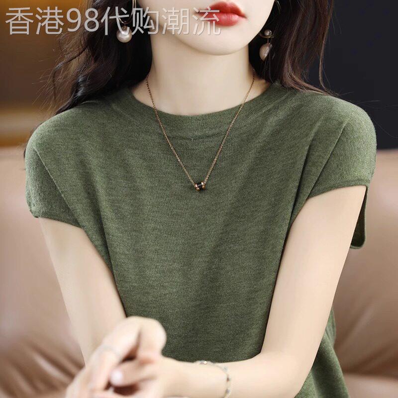 冰丝亚麻短袖t恤女夏2026新款纯色简约薄款羊毛针织圆领打底上衣