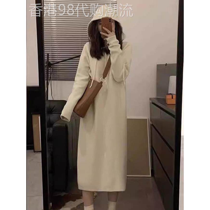 欧洲站秋冬女性长连帽针织连衣裙,优雅修身,下摆毛衣裙