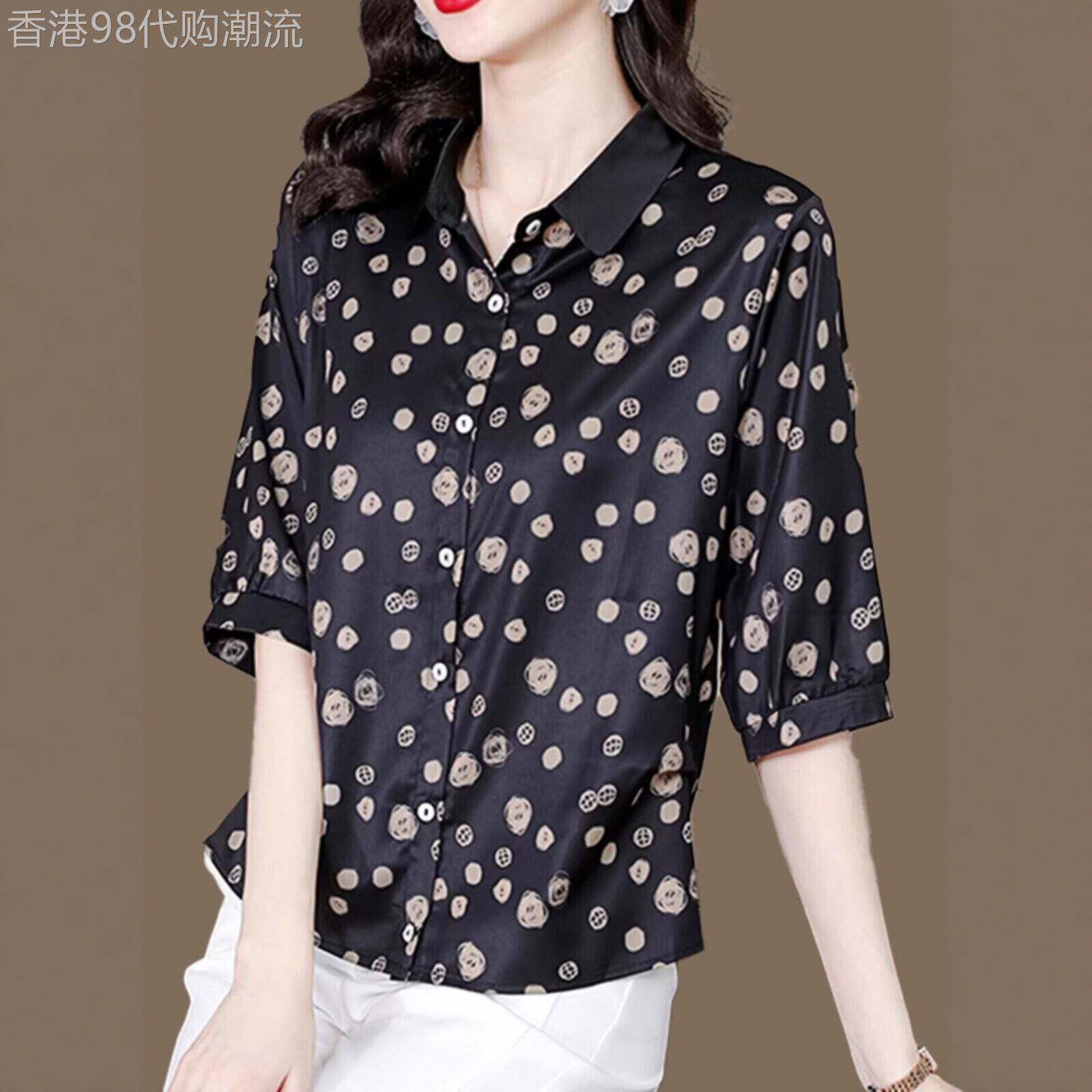 真丝衬衫圆点印花中袖上衣2026夏装妈妈新款大码缎面桑蚕丝衬衣女