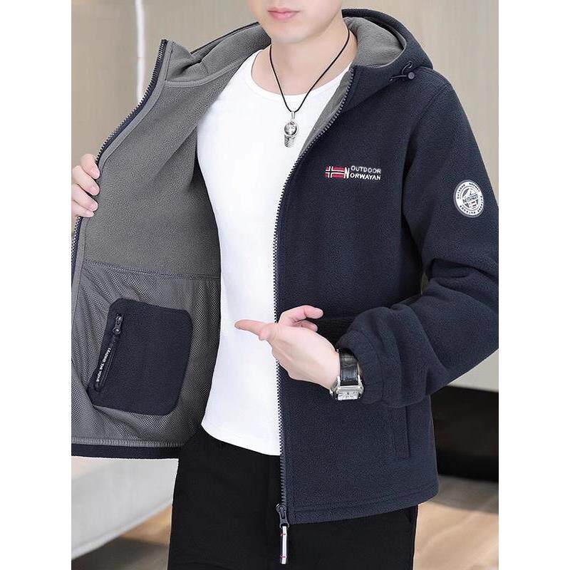 抓绒衣男款秋冬季加厚摇粒绒外套男连帽双面绒上衣大码羊羔绒夹克