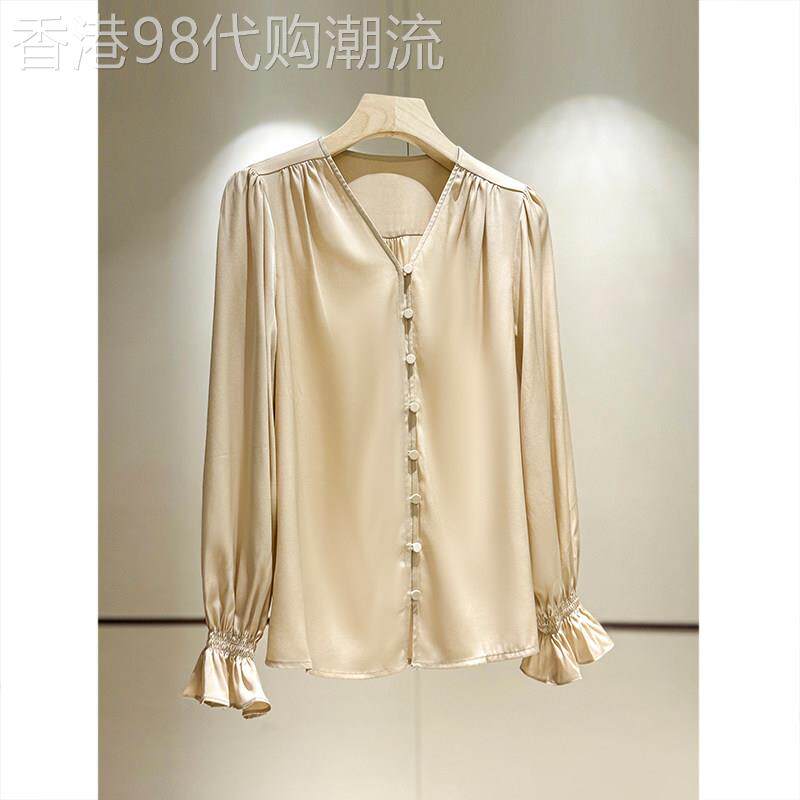 V领重磅真丝长袖衬衫女秋2025新款法式气质桑蚕丝灯笼袖别致上衣
