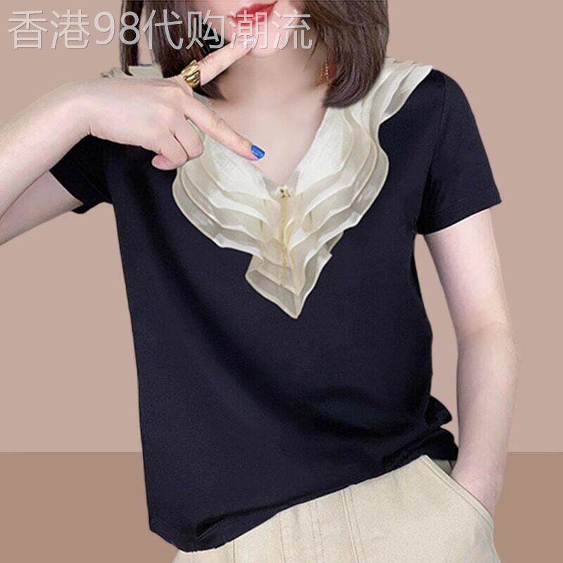 荷叶边女士t恤短袖2026夏季新款爆款洋气小衫百搭V领小众短款上衣