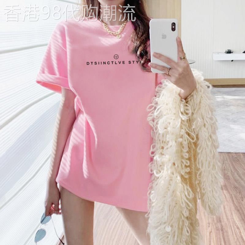 欧货大版粉色短袖t恤女2025夏季新款中长款宽松上衣百搭体恤