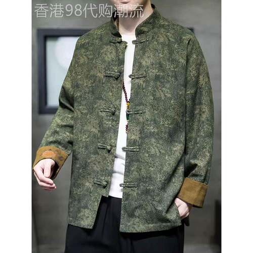 中国风覆古盘扣唐装外套男士春秋季国潮青年休闲宽松棉麻大码夹克