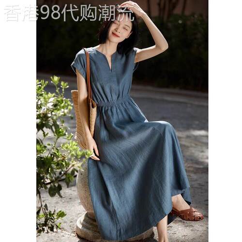 亚麻连衣裙夏季薄款2026新款时尚复古收腰显瘦中长款棉麻中长裙子