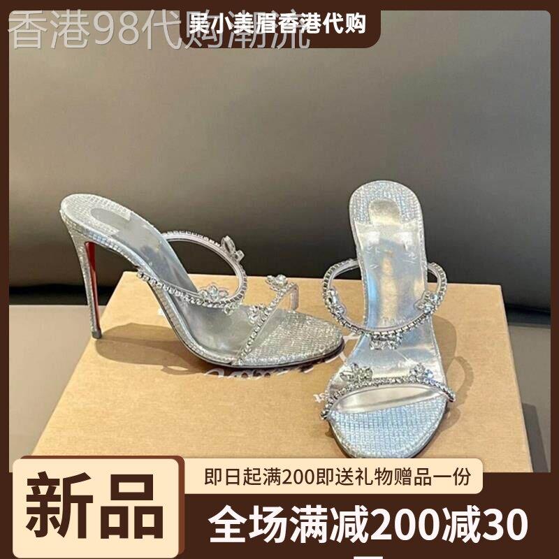 香港一字带水钻优雅凉鞋女2026夏季新款水晶透明凉拖鞋气质高跟鞋