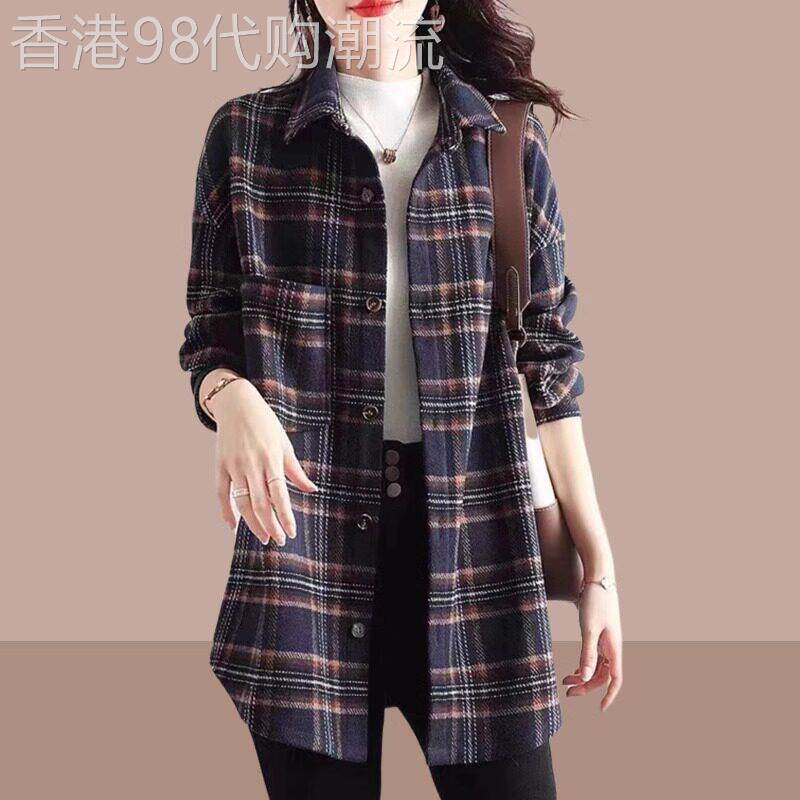 中长款正肩格子长袖衬衫女春秋冬大码遮肚子显瘦时尚洋气欧货上衣
