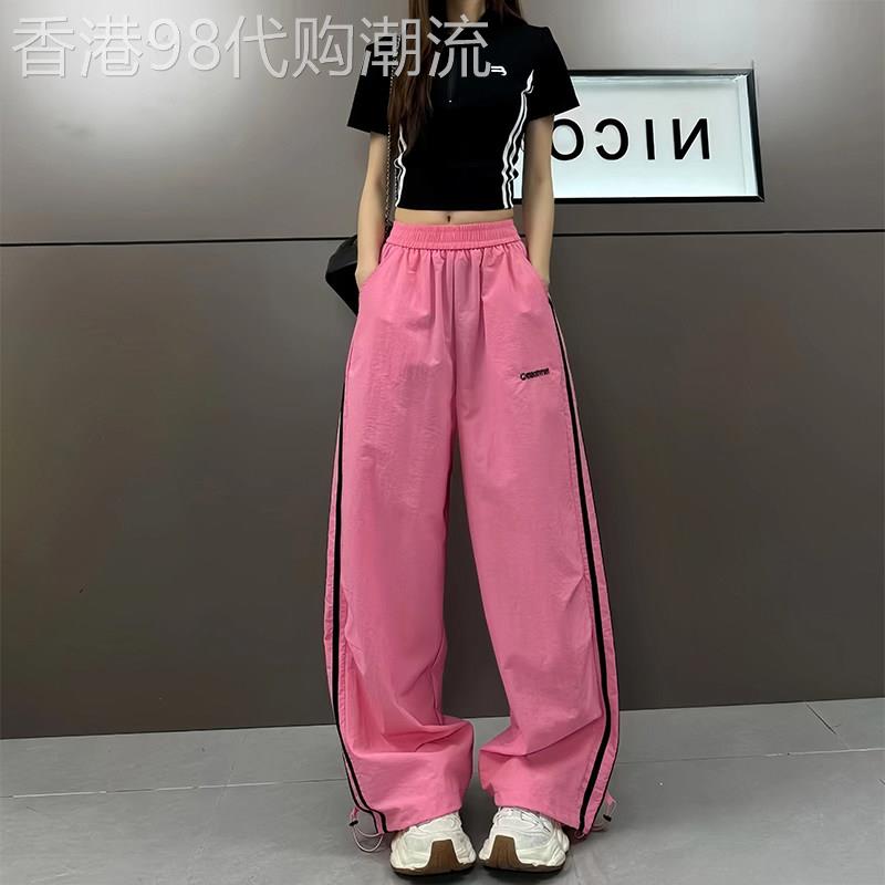 潮牌美式速干条纹工装裤女2026春夏高腰宽裤休闲厚棉裤宽松运动裤