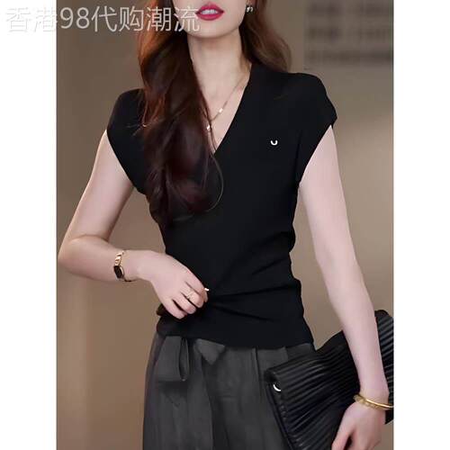 欧货高端黑色V领气质短袖T恤女2026夏季新款修身显瘦时尚简约上衣