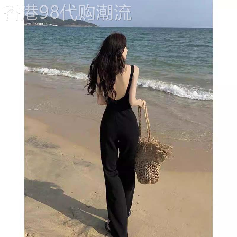 黑色U领背带连体裤女夏季欧货薄款性感露背吊带裤弹力连衣长裤子