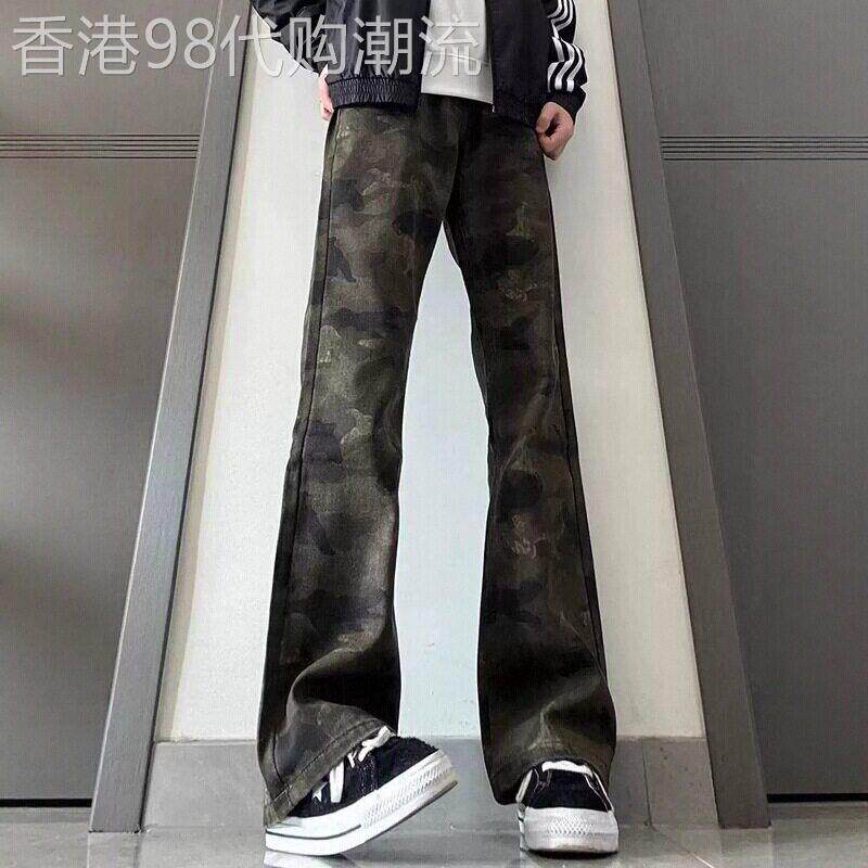 潮牌美式复古迷彩牛仔裤男夏季薄款潮流直筒微喇叭裤子休闲弯刀裤