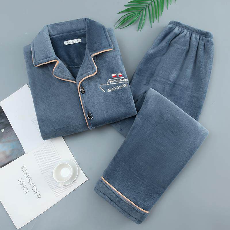 秋冬季加绒加厚保暖珊瑚绒睡衣套装男士精美刺绣加肥加大码居家服