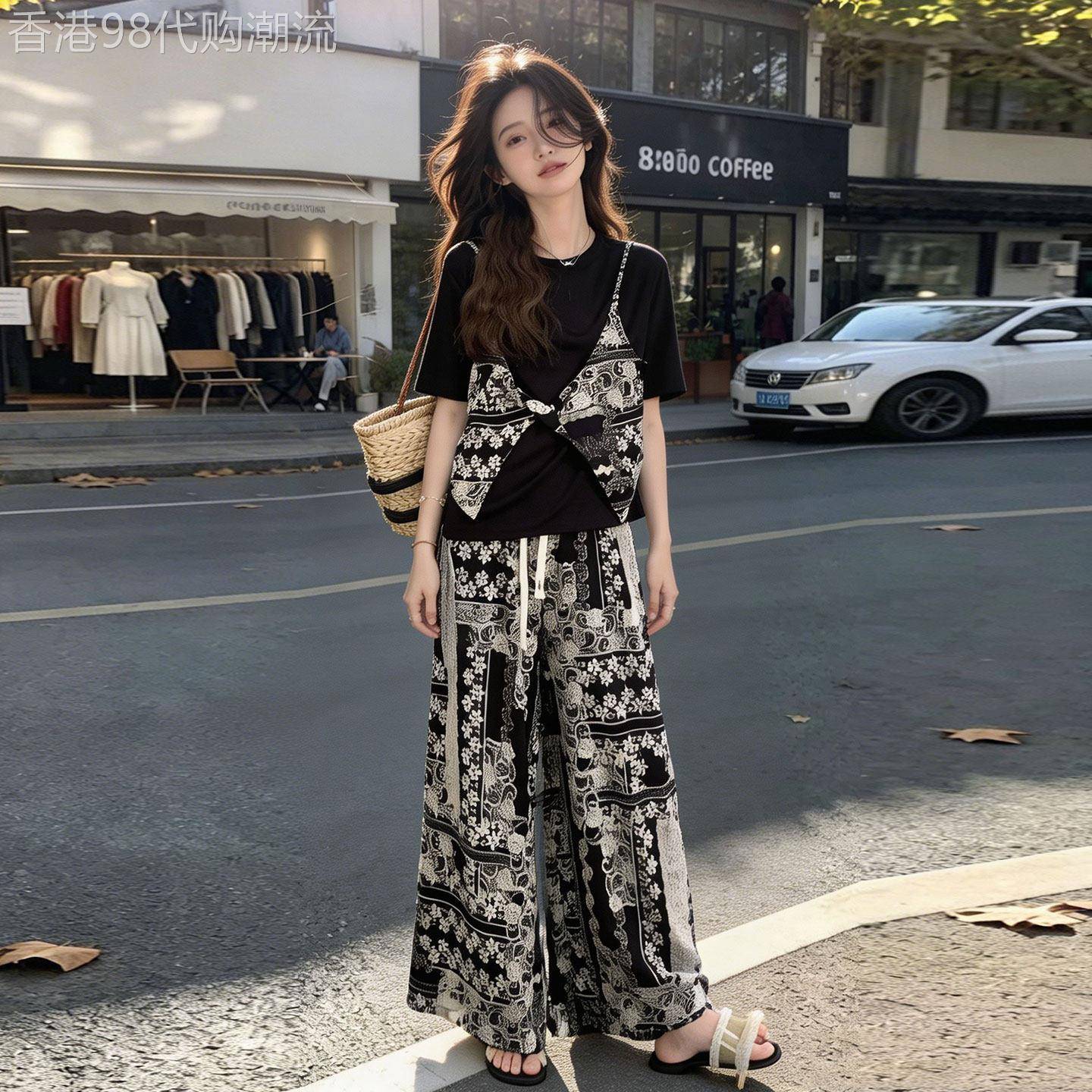 松弛感民族风印花假两件上衣阔腿裤套装两件套女夏法式御姐度假风