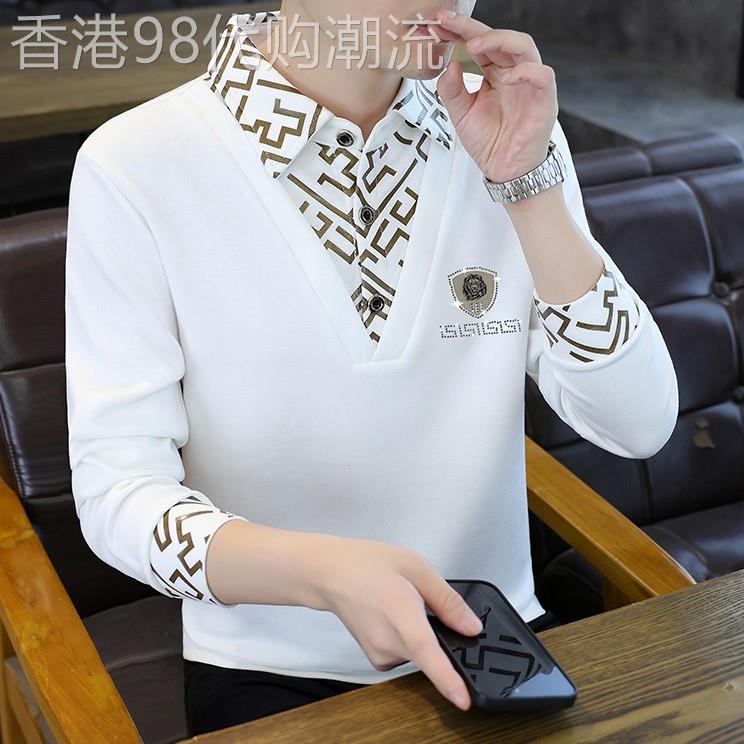 春秋季新款假两件长袖T恤男士韩版休闲痞帅个性欧货衬衫领Polo衫