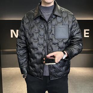 高端轻奢轻薄羽绒服男款冬季2025新款翻领拼皮商务款防寒衣服外套