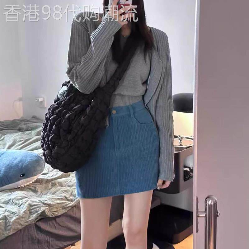 蓝色灯芯绒半身裙女秋冬新款欧货高腰显瘦百搭遮跨高级感A字短裙