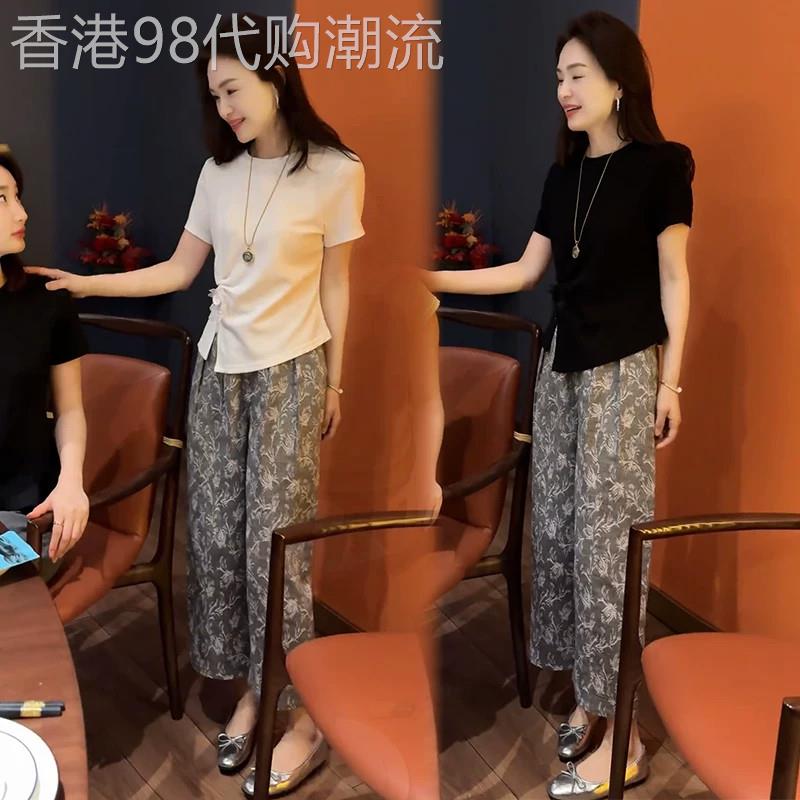 香港代购时尚休闲套装女夏季新款显瘦不规则短袖印花阔腿裤两件套