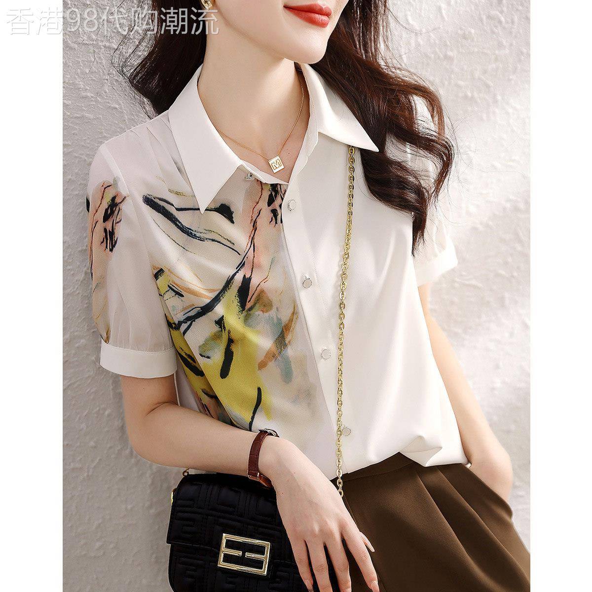 水墨风雪纺衬衫女夏季短袖2026新款文艺撞色印花薄款显瘦气质上衣