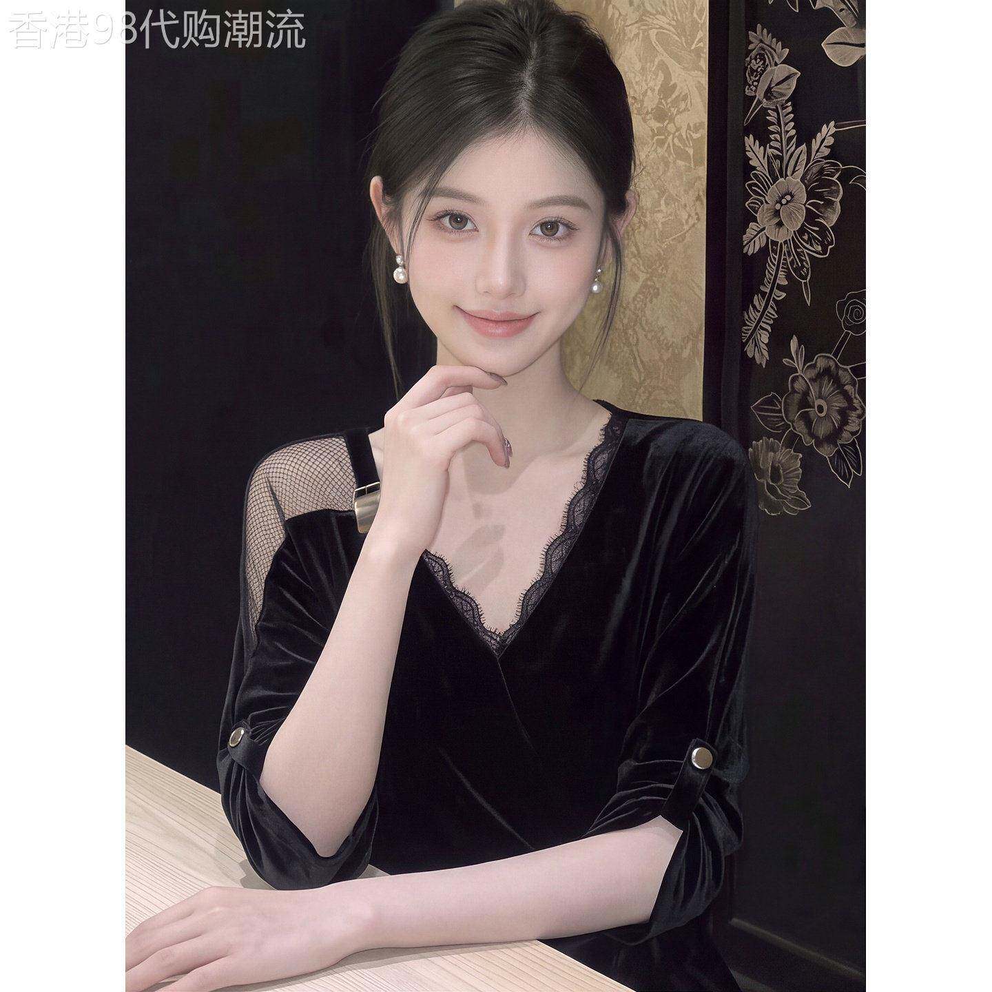 黑色蕾丝领七分袖衬衫女秋季韩系收腰褶皱设计感优雅聚会约会上衣
