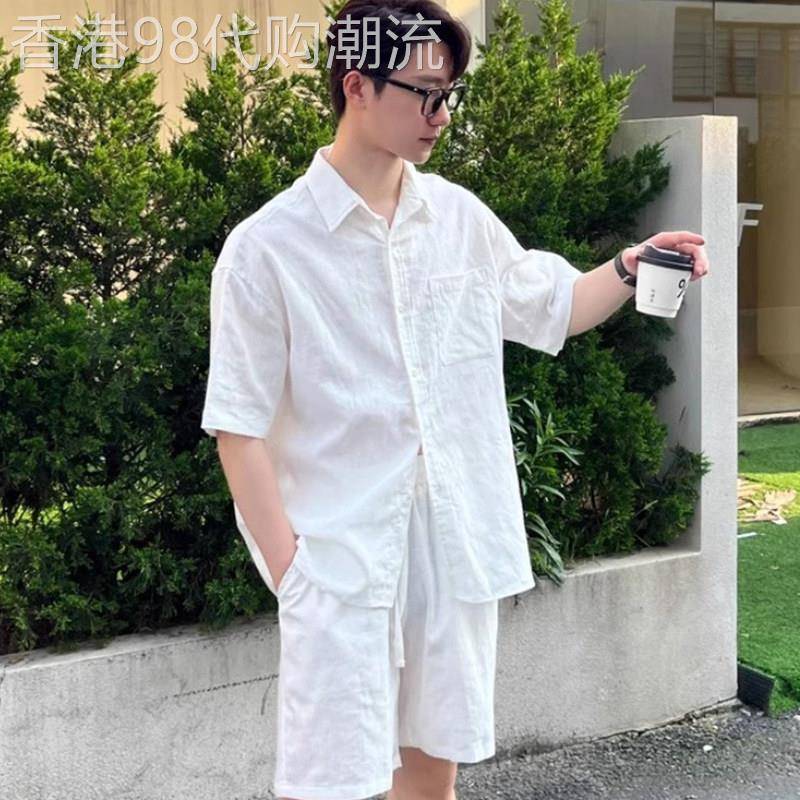 轻奢夏季韩系棉麻透气薄款衬衫短裤套装男休闲宽松亚麻短袖两件套