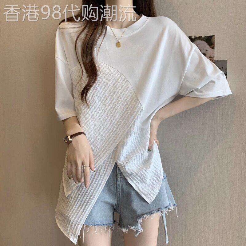 潮牌大码女装夏季中长款不规则开叉正肩短袖T恤胖mm显瘦遮肚上衣