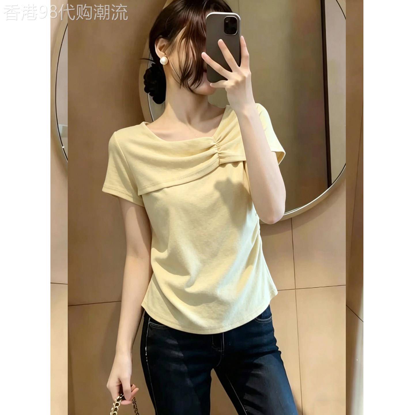 超好看浅黄色正肩短袖t恤女2026夏季大尺码胖mm收腰显瘦不对称上