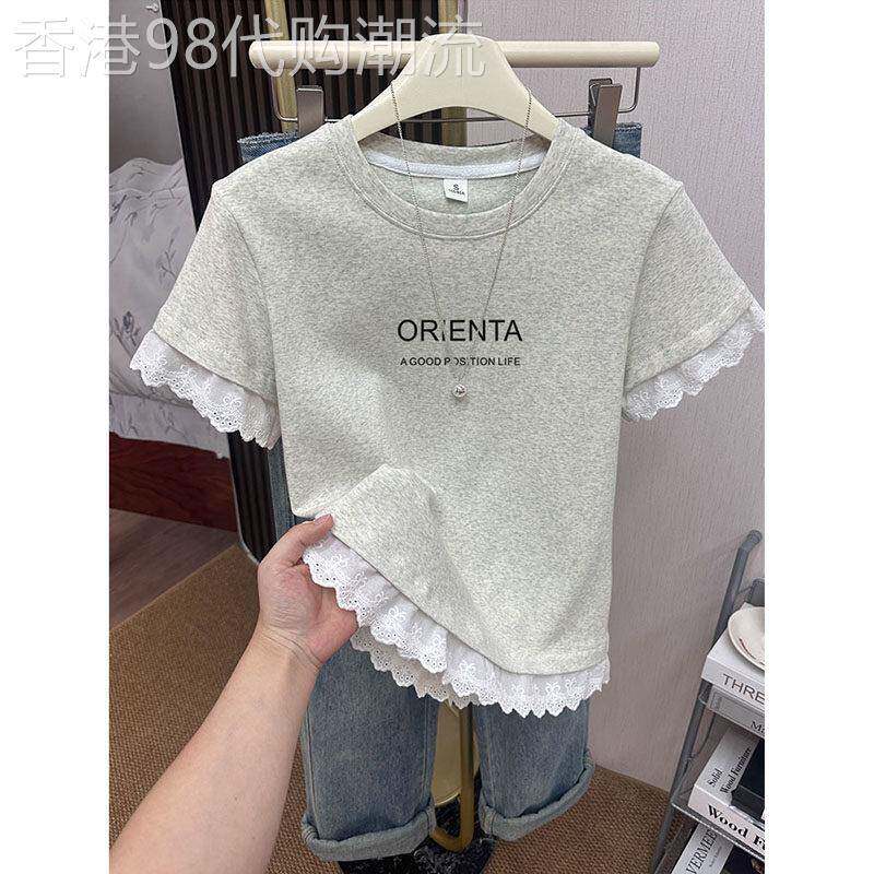 小众正肩蕾丝拼接圆领短袖T恤女设计感字母印花洋派上衣打底衫潮