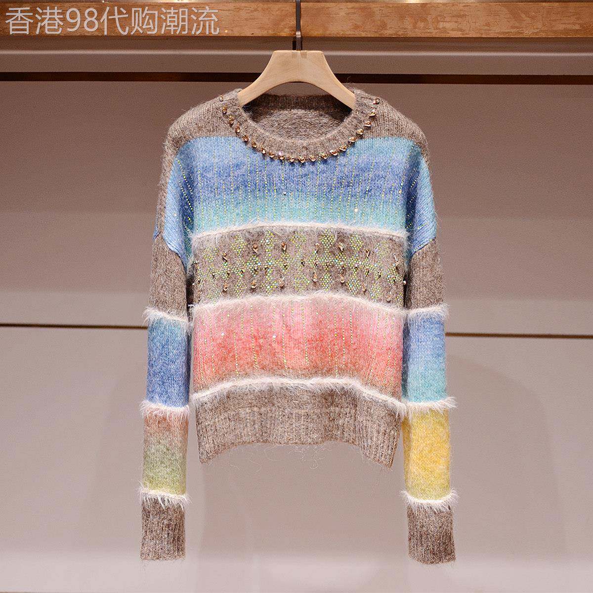 小众不撞款上衣贵卓雅2025冬季新款圆领镶钻长袖撞色毛衣针织衫女
