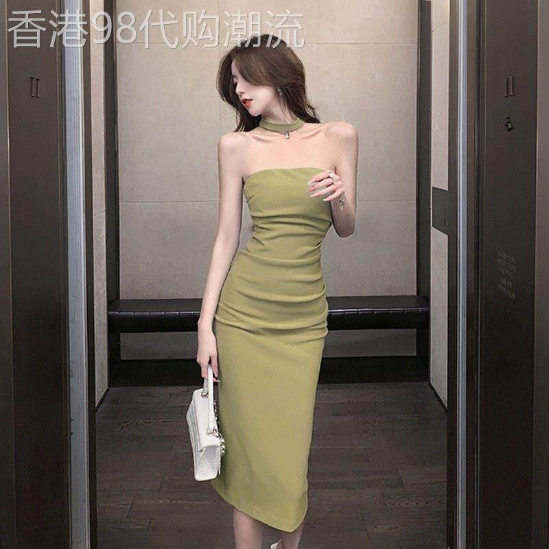 一字肩洋装女夏季欧货法式绿色性感挂颈抹胸修身收腰露背长裙子