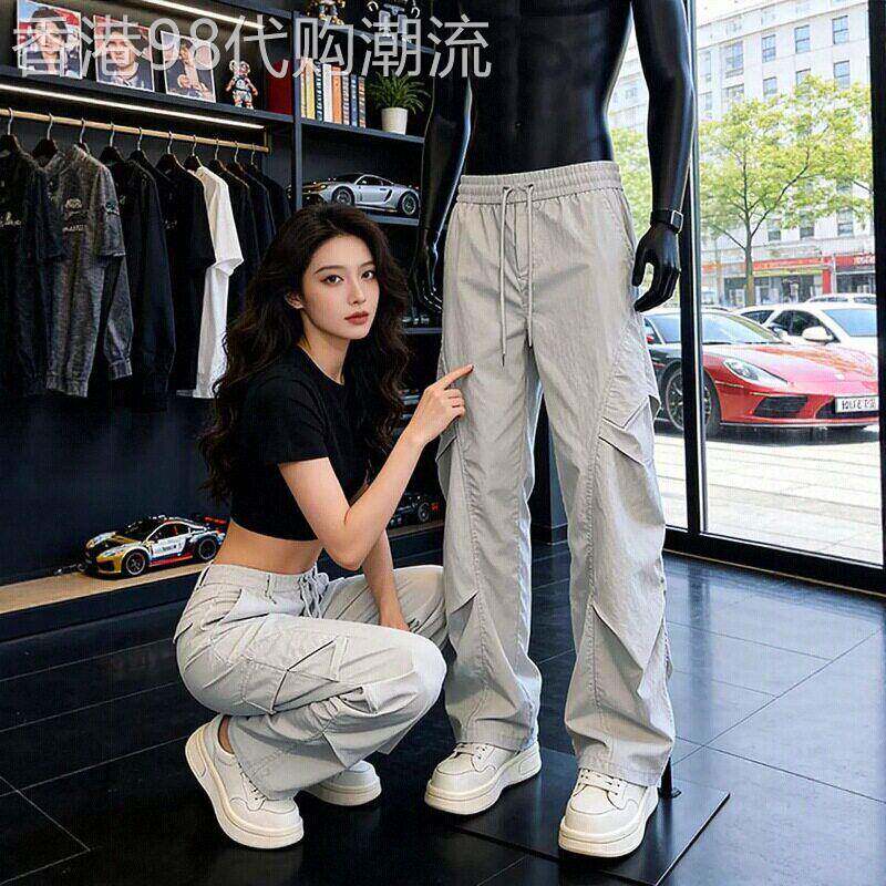 潮牌美式速干软壳冲锋裤男夏季高级感斜切工装裤宽松直筒弯刀裤子