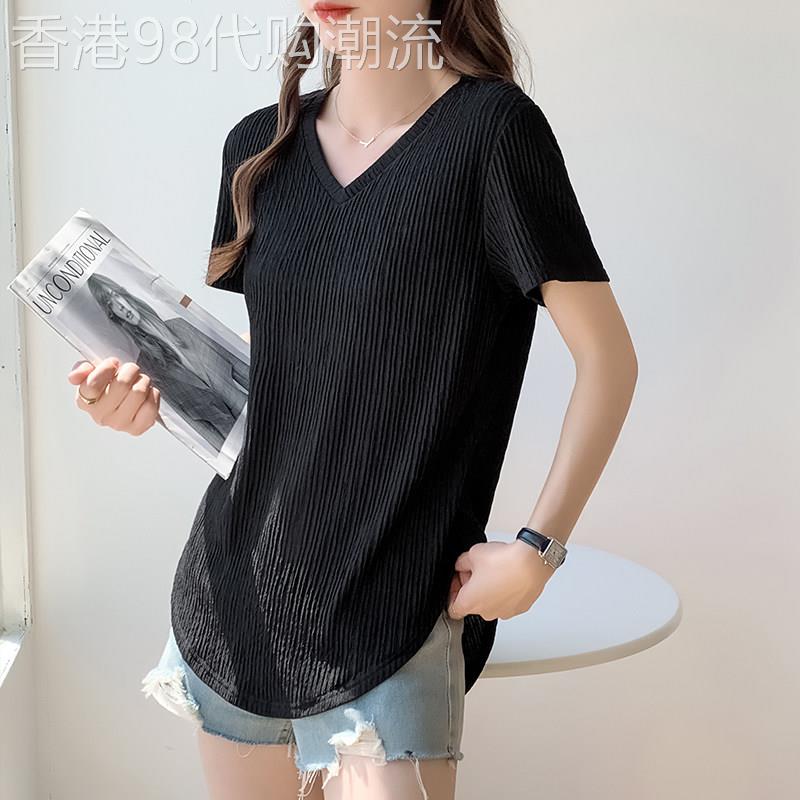 黑色中长版V领短袖t恤女夏季新款法式开叉褶皱感宽松显示条纹T恤