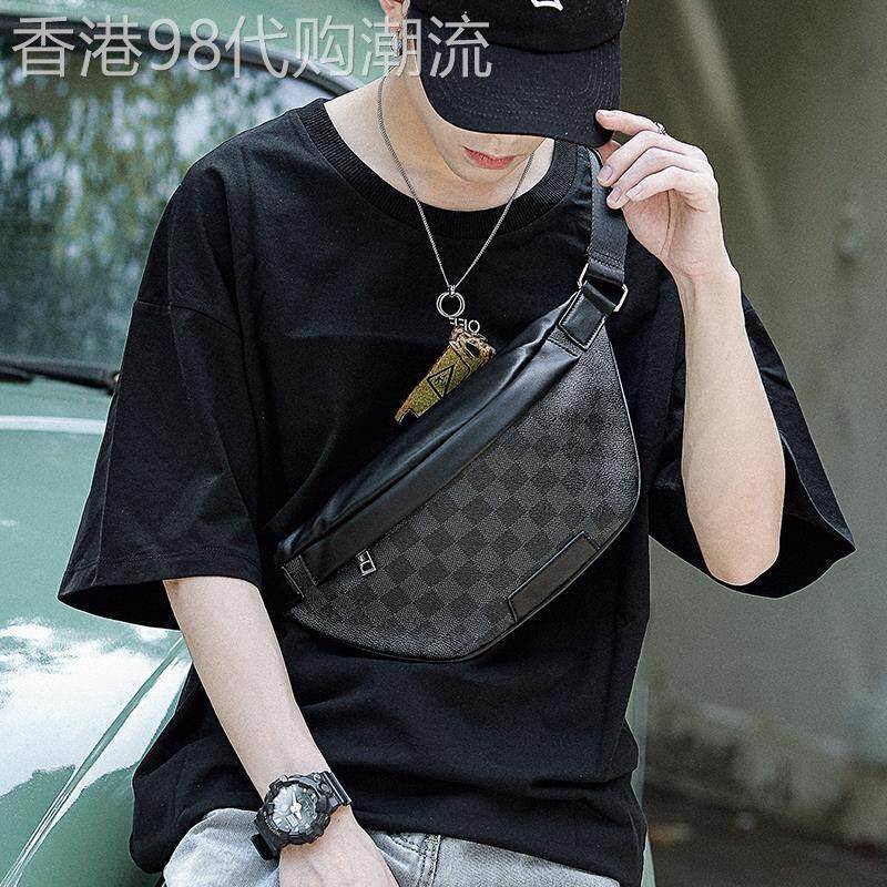 潮牌胸包男简约斜揹包休闲真皮腰包男士单肩包时尚格子男包揹包