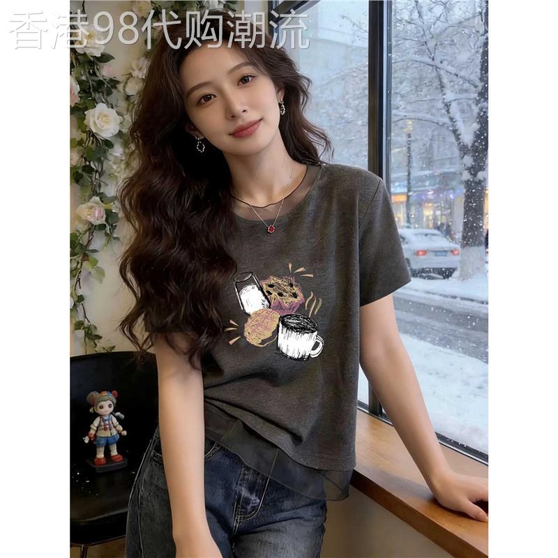 2026新款圆领优质棉短袖T恤女网纱拼接设计感百搭休闲上衣打底衫