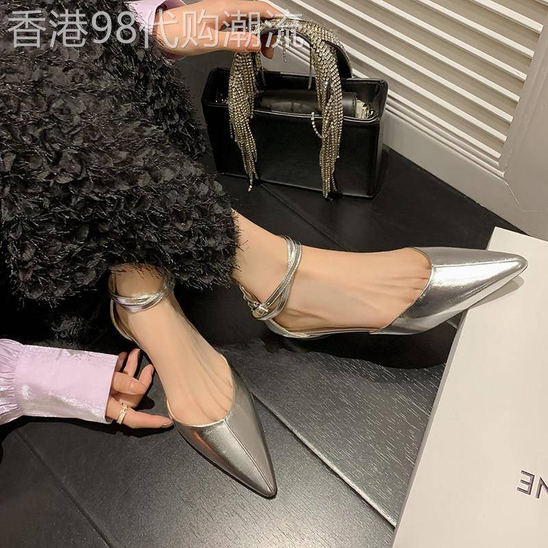 星河入梦~气质仙女风一字扣平底中空尖头单鞋女银色法式包头凉鞋