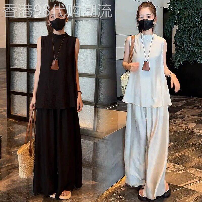 香港代购时尚套装女夏季新款显瘦高级感圆领无袖上衣阔腿裤两件套