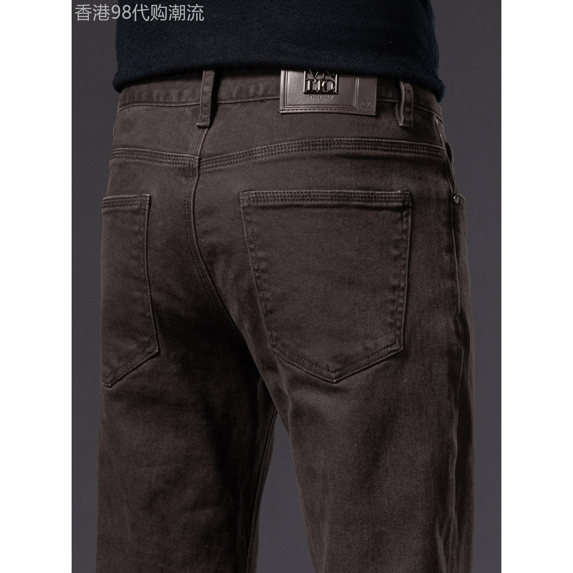 香港高端咖啡色纯棉休闲裤男2025春秋款修身直筒商务牛仔布长裤子