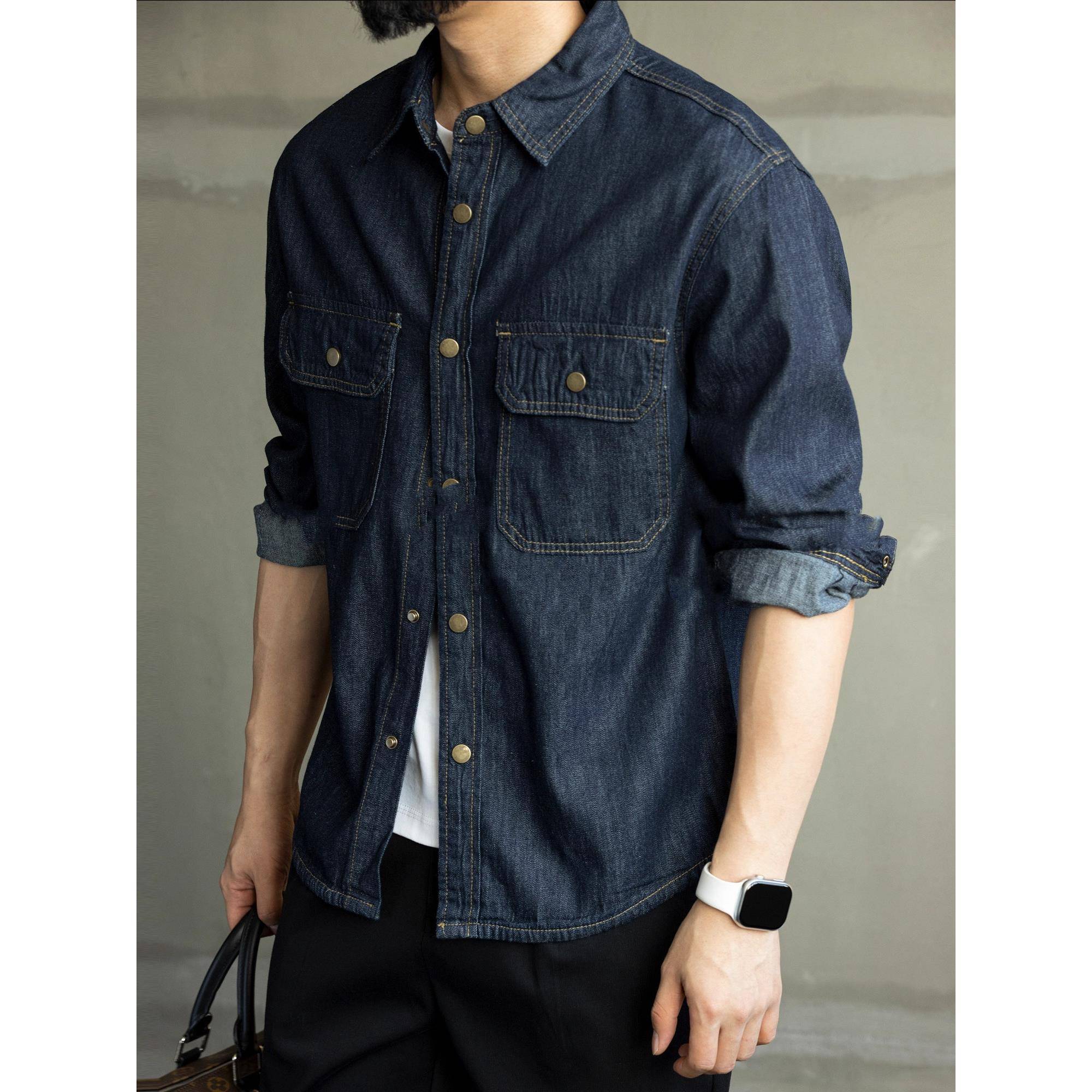 秋季新款原色水洗覆古牛仔长袖衬衫男士宽松纯棉高级简约衬衣外套