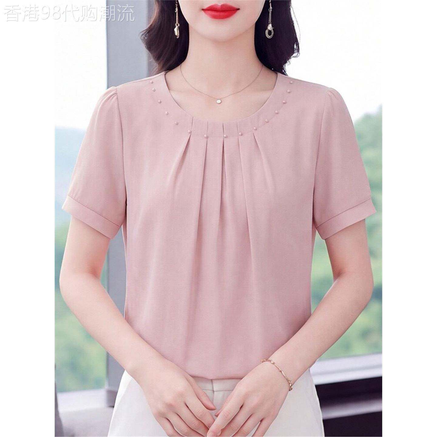 夏装圆领钉珠短袖衬衫女夏天套头洋气小衫气质百搭减龄体恤衫上衣