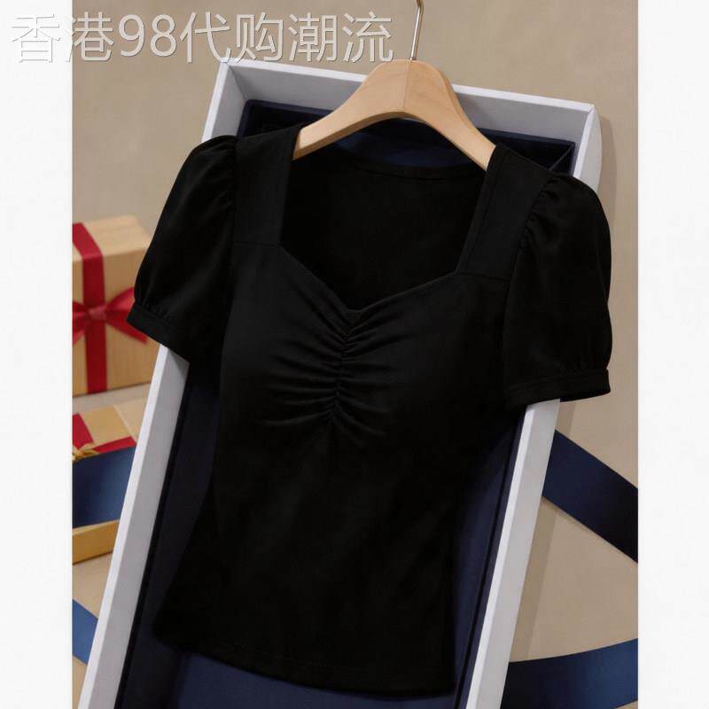 方领泡泡袖短袖性感上衣女夏季款辣妹别致打底衫黑色低胸短款T恤