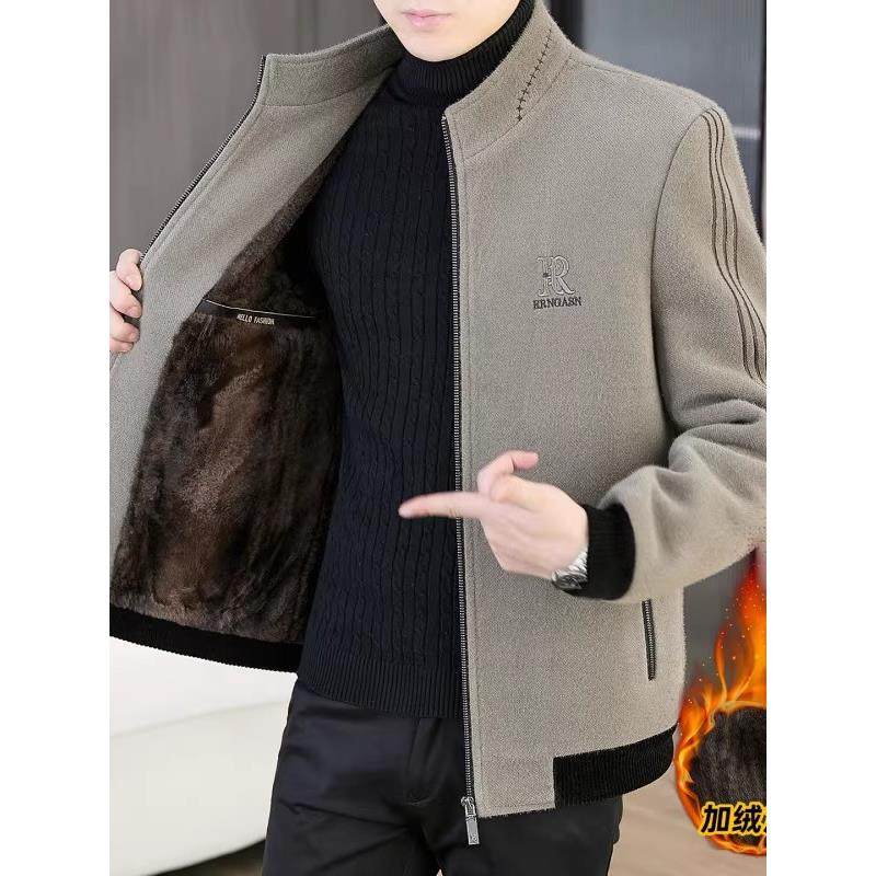 金貂绒毛呢大衣男士短款加绒加厚保暖休闲中青年立领呢子夹克外套