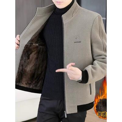 金貂绒毛呢大衣男士短款加绒加厚保暖休闲中青年立领呢子夹克外套