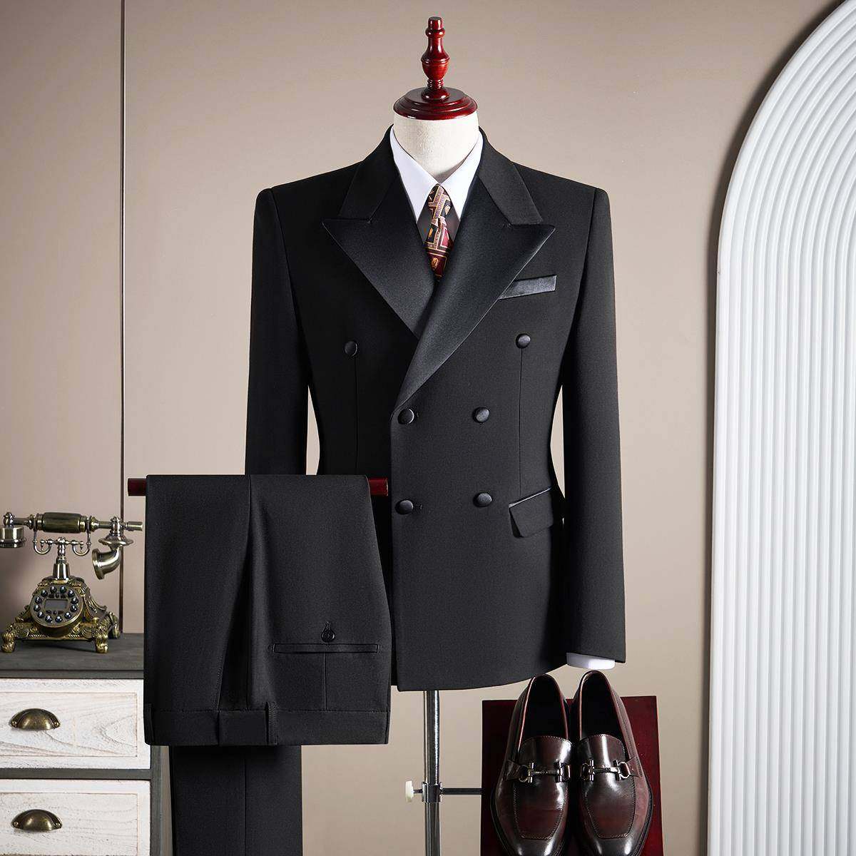 高端双排扣羊毛西装套装男高级感新郎结婚礼服商务大尺码西服三件