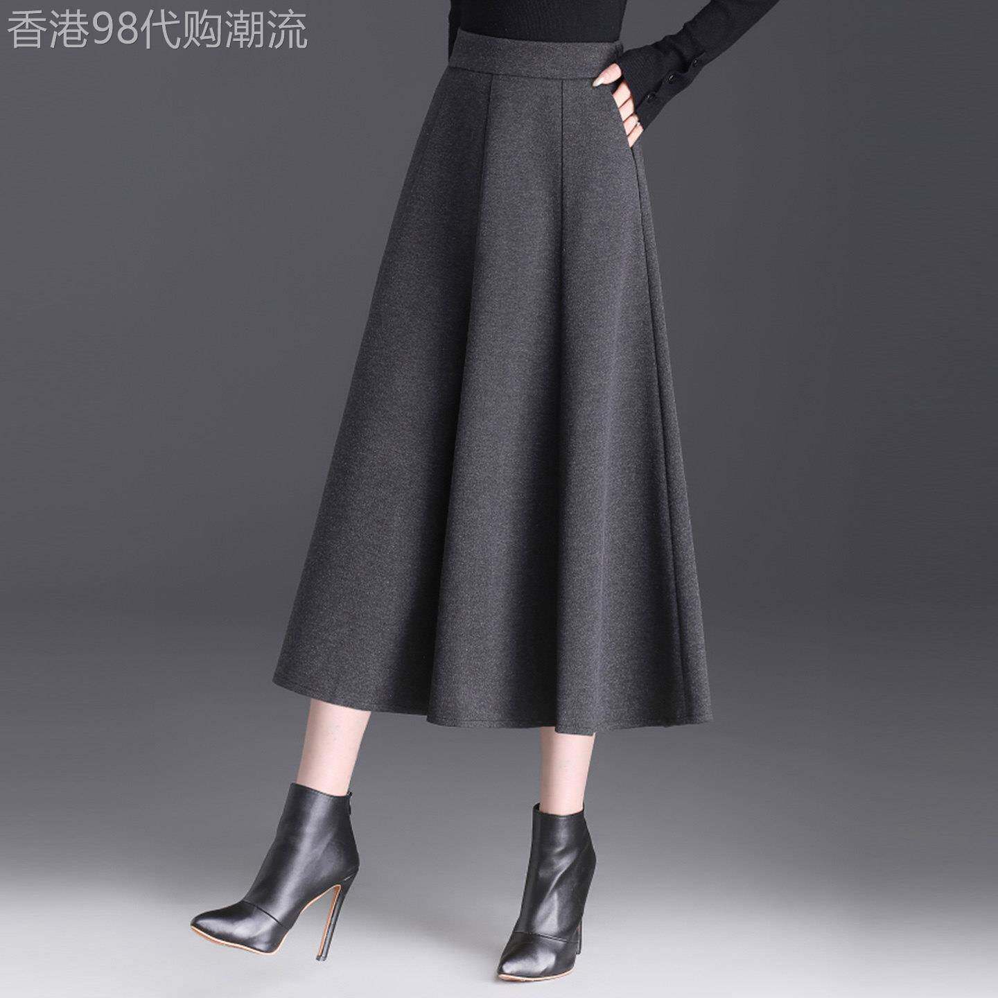 毛呢半身裙女秋冬2026新款高腰显瘦拼接气质中长款A字伞裙大摆裙