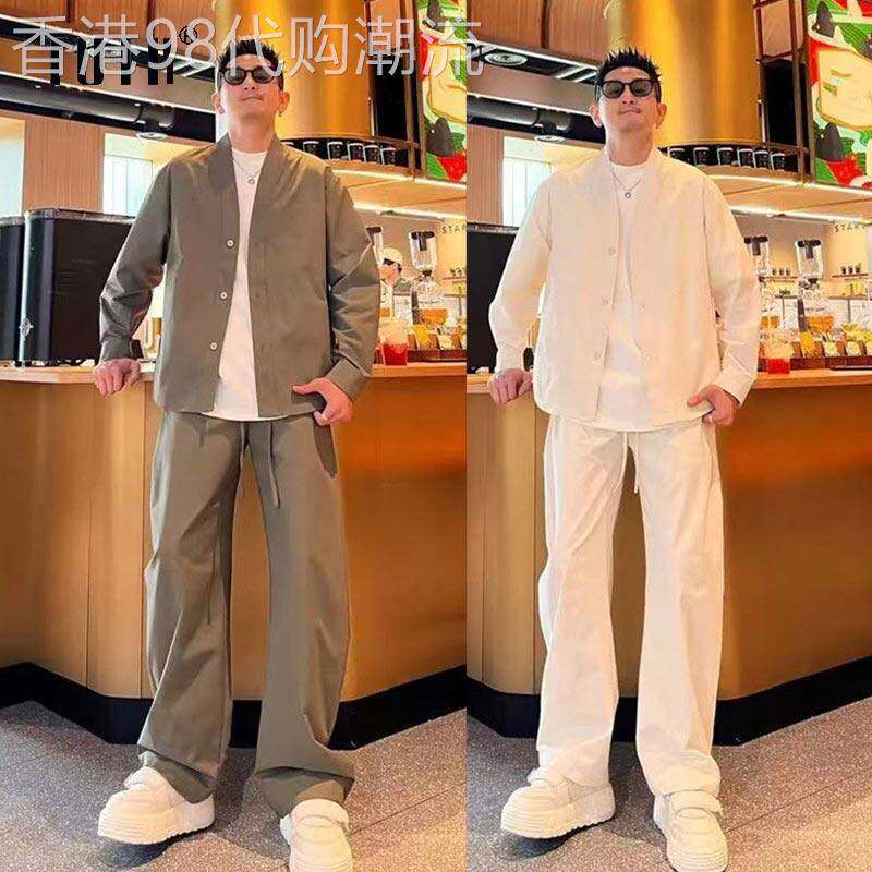 休闲运动套装男士春秋季时尚高级感痞帅V领夹克外套男装搭配一套