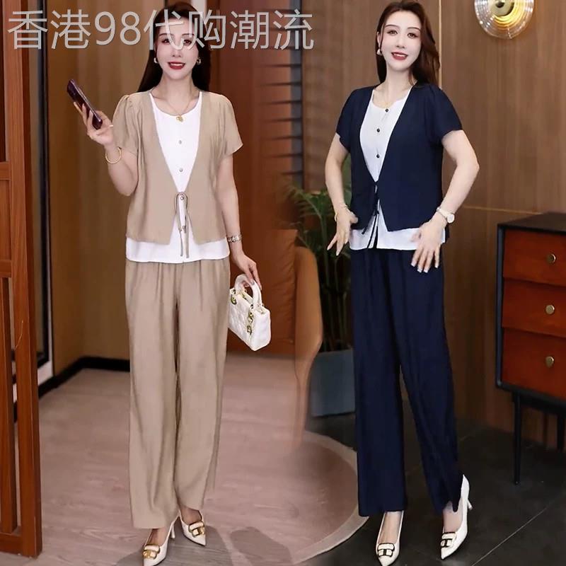 香港代购时尚休闲套装女夏新款显瘦假两件拼接短袖阔腿裤子两件套