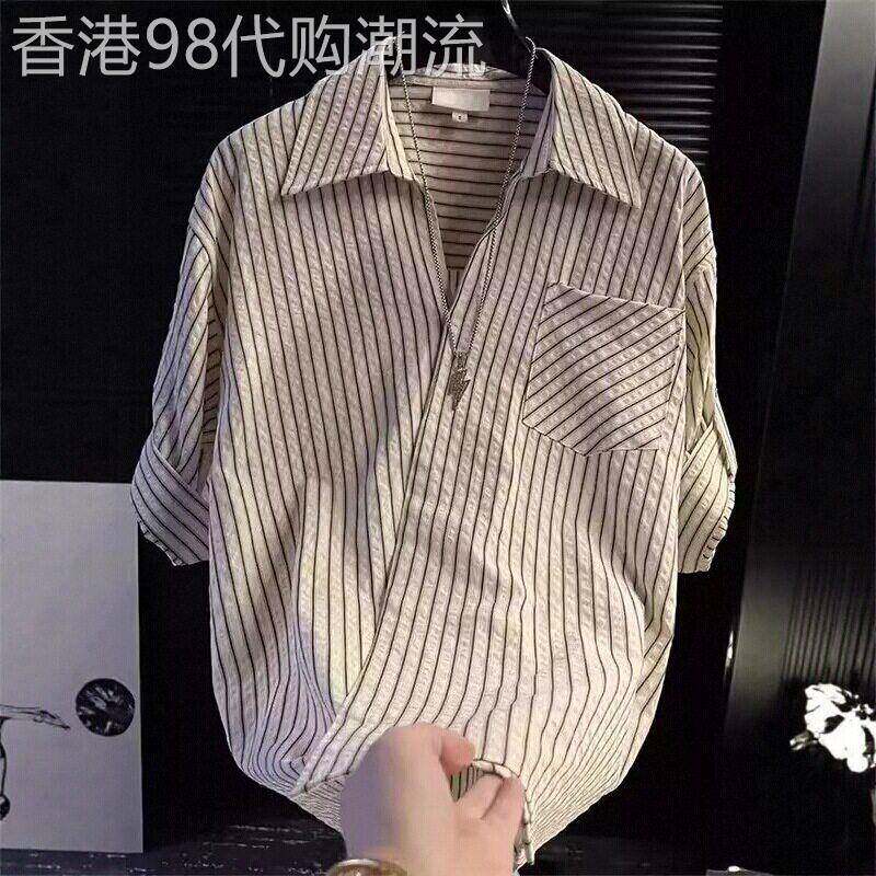 潮牌斜门襟设计感短袖衬衫男夏季新款高级感宽松T恤条纹半袖衬衣