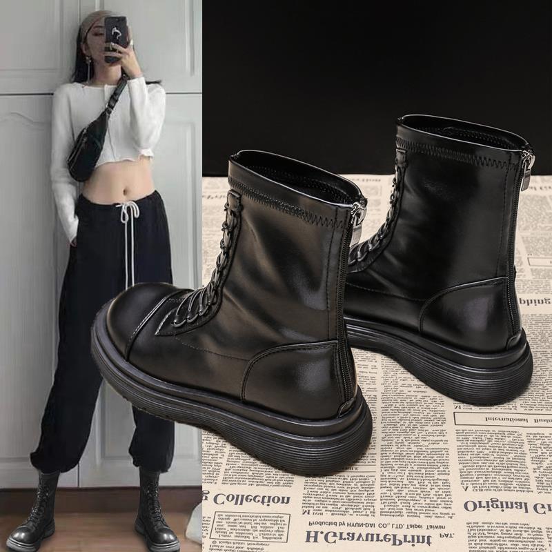 女式英伦风格秋冬单靴2025新款平底女式短靴多功能真皮厚底女式长