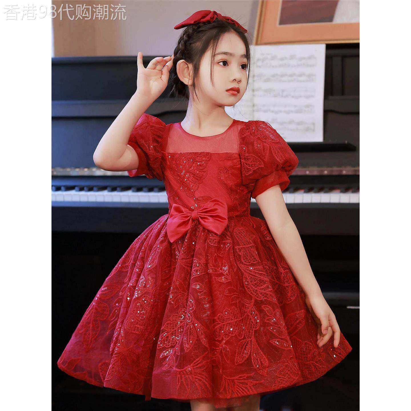 女童晚礼服小女孩公主裙钢琴演奏演出服儿童高端红色主持人洋装