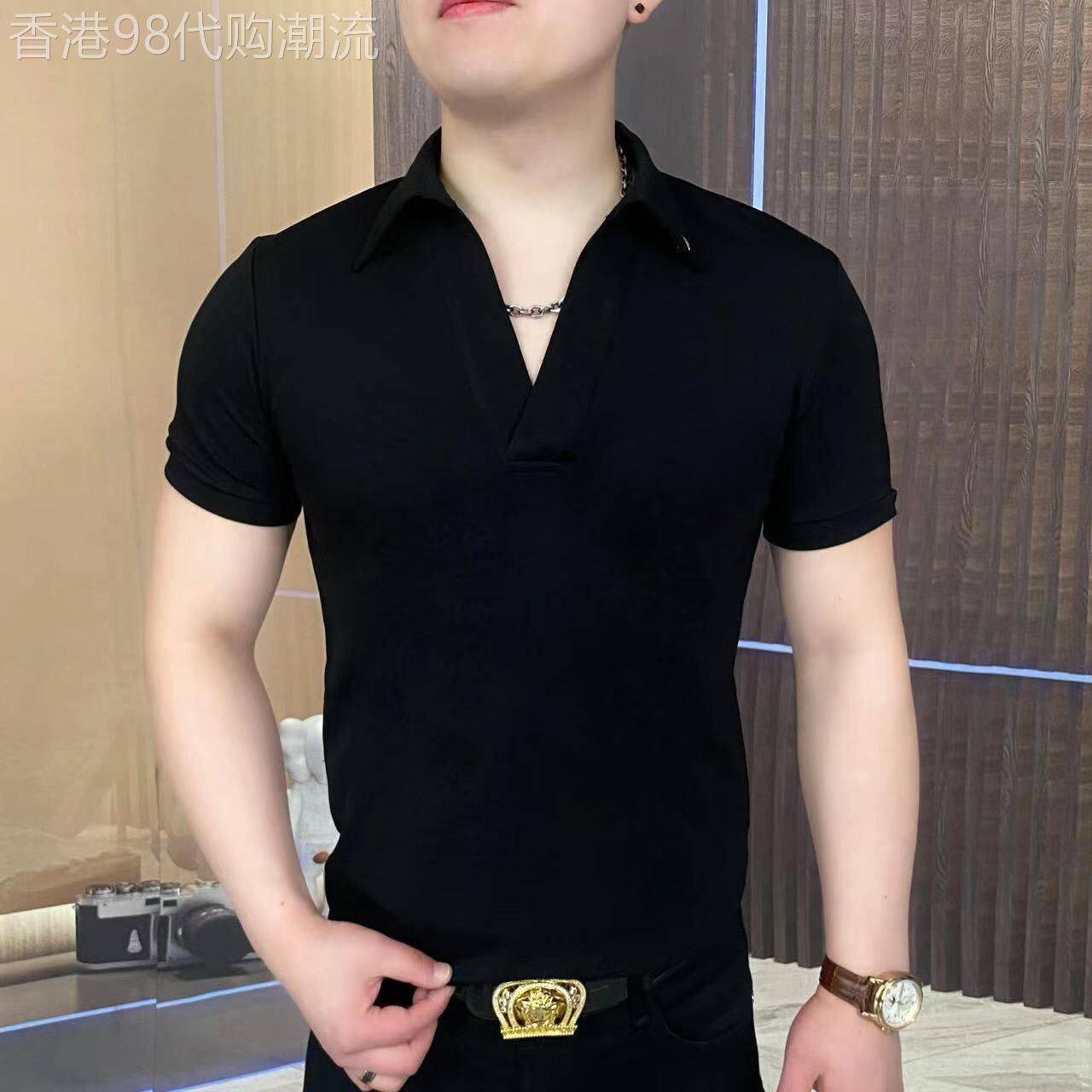 高端冰丝v领Polo衫男士短袖T恤2026新款夏季薄款休闲黑色上衣男款